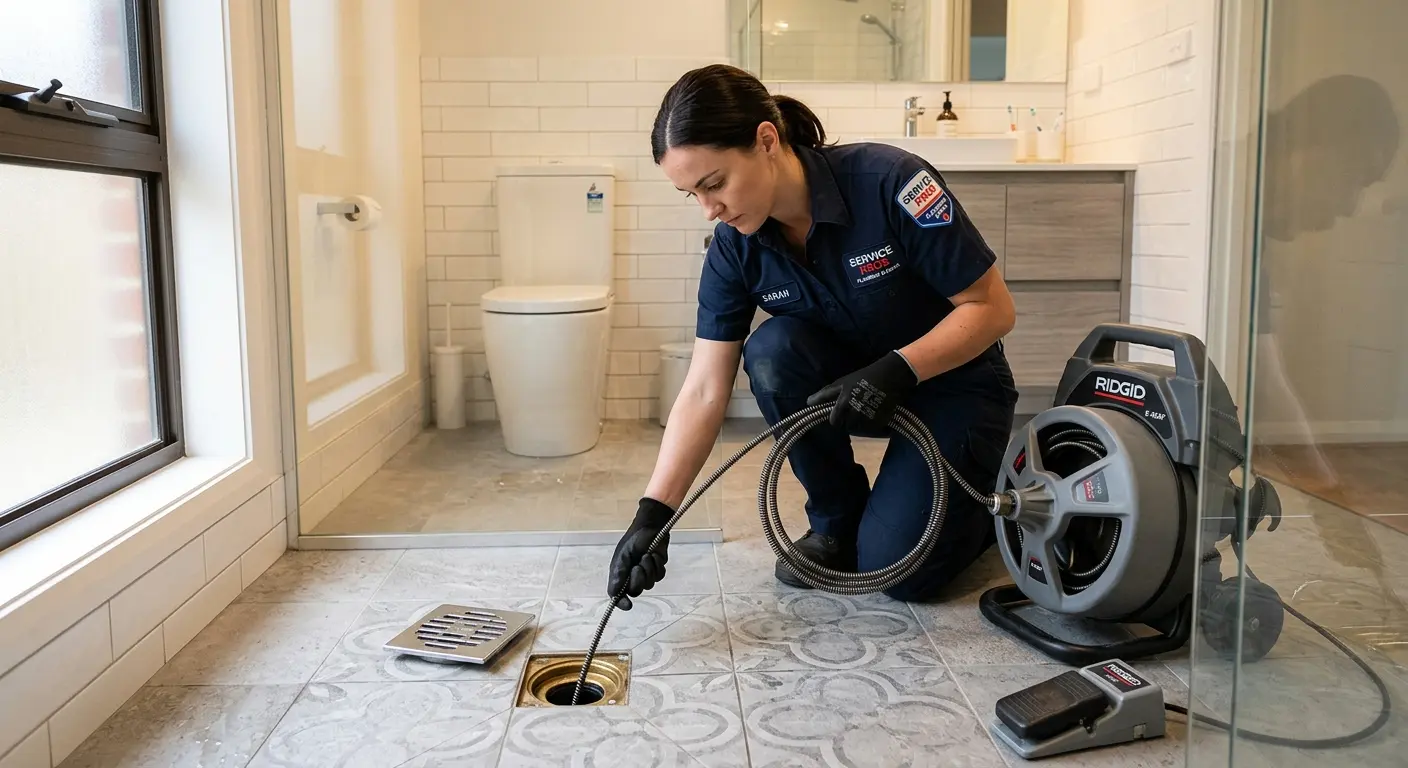 Technician clearing a bathroom floor drain for Sewer Line Replacement in Fort Wayne